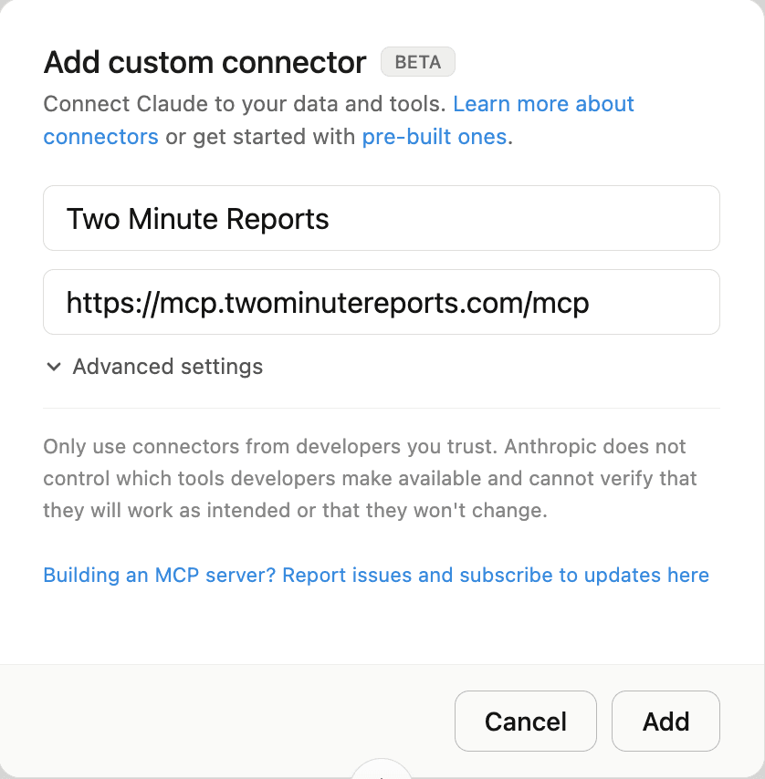 Enter the TMR MCP URL and click Add