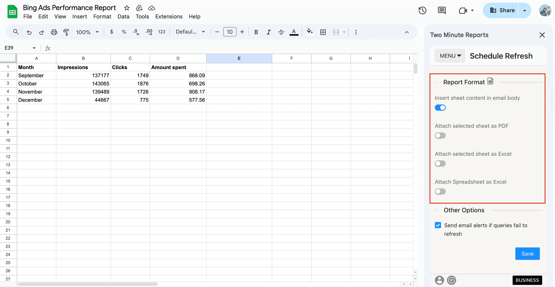 Choose your preferred format to send your Bing Ads report