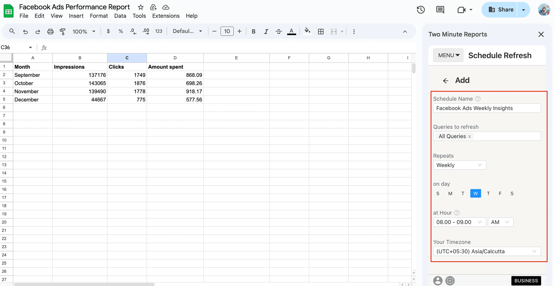 Set up refresh schedules to automate your Facebook Ads report