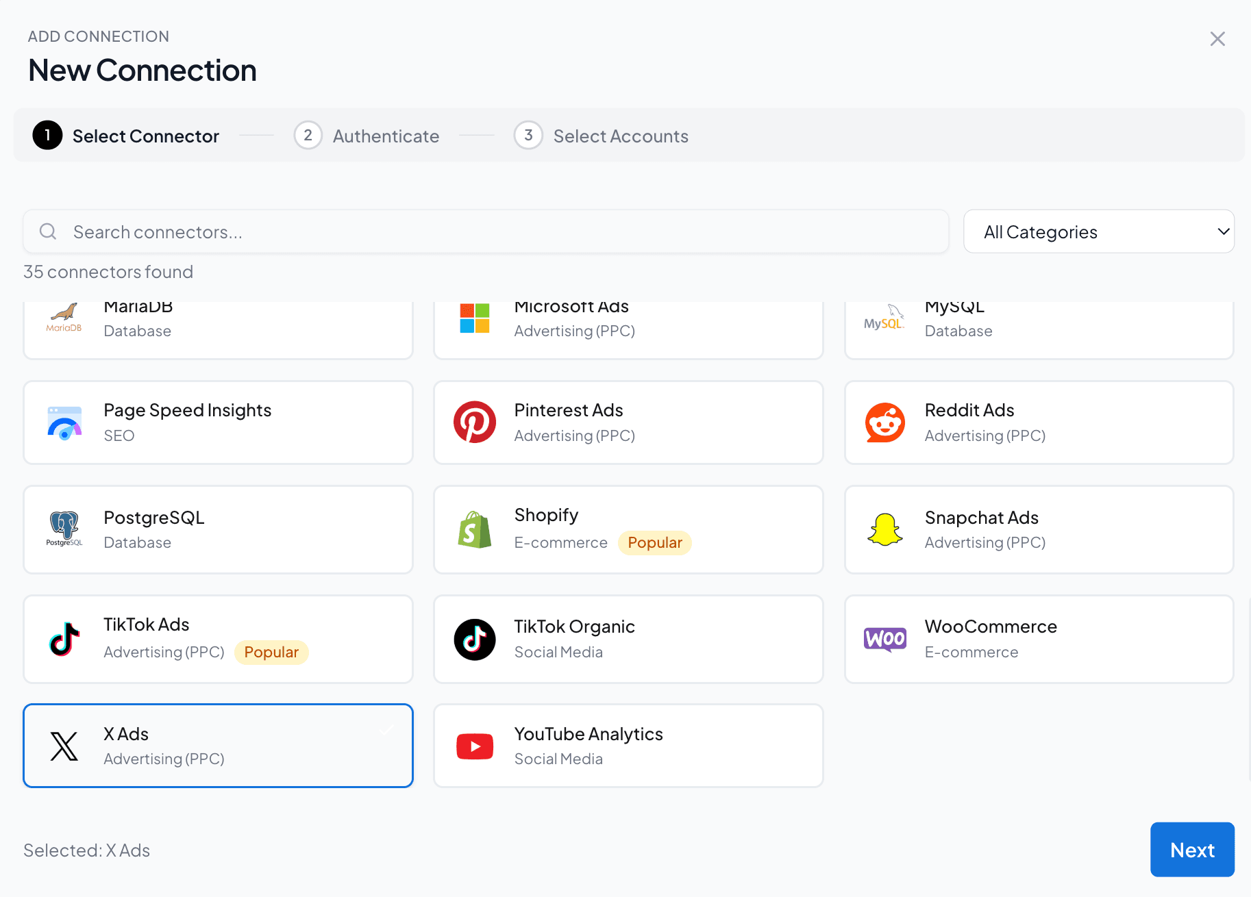 Select X ads from the list of connectors