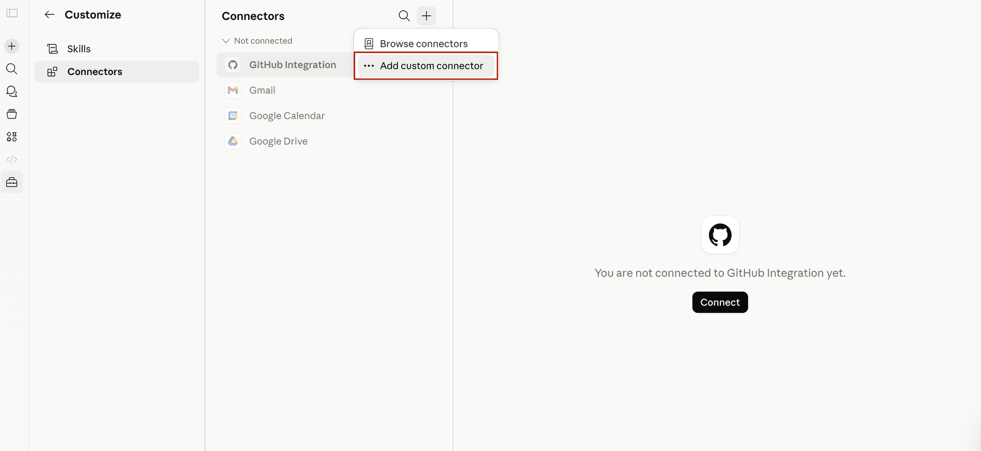 Click 'Add custom connector' to connect Two Minute Reports MCP