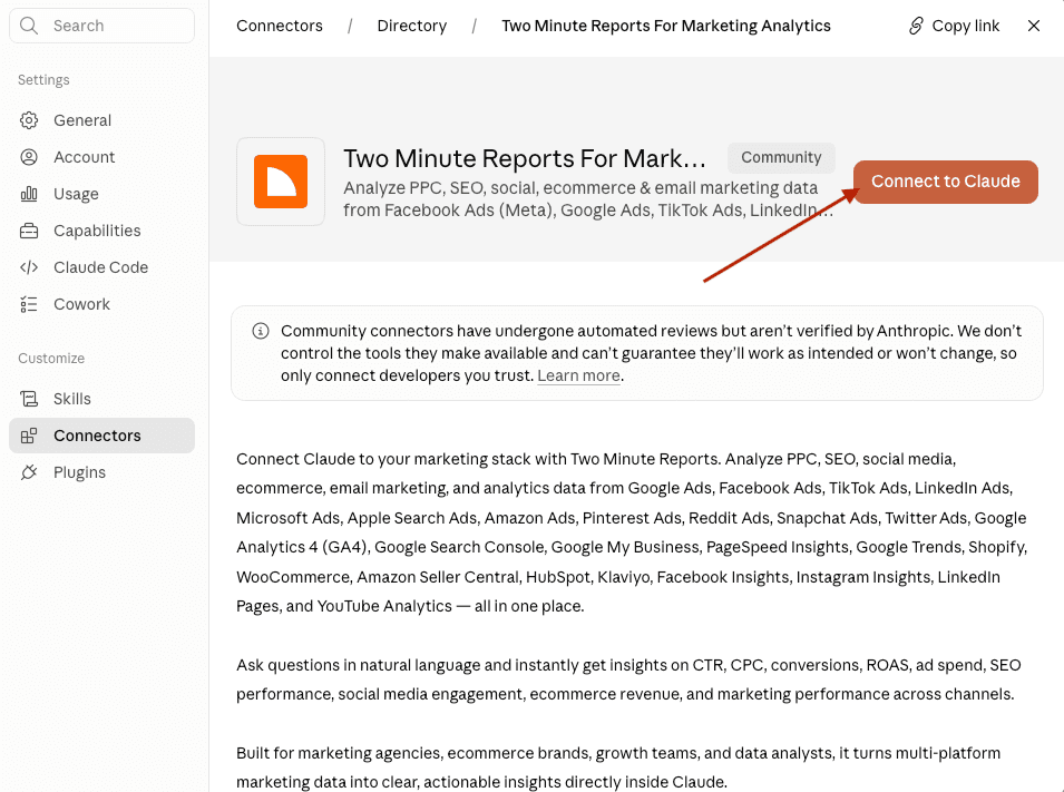 Click Connect to Claude to authorize connection with Two Minute Reports