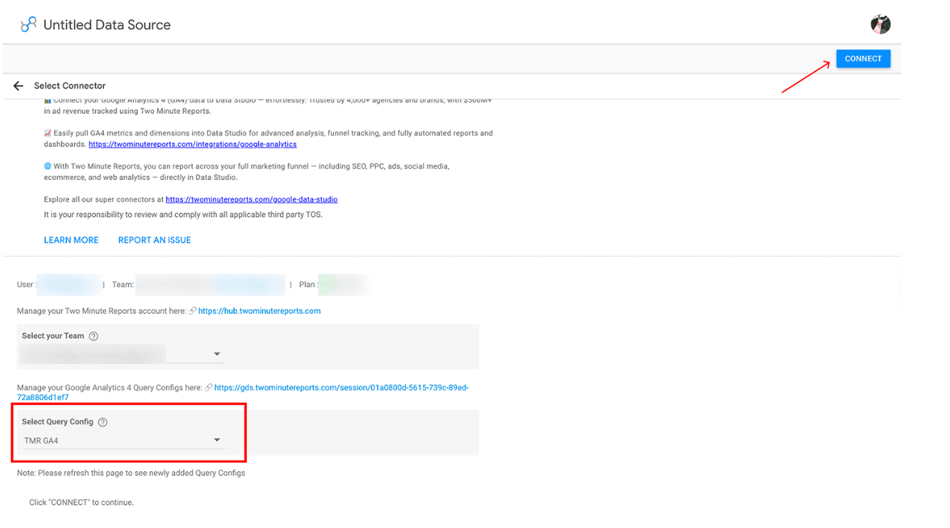 Select your Query Config to connect GA4 to Data Studio
