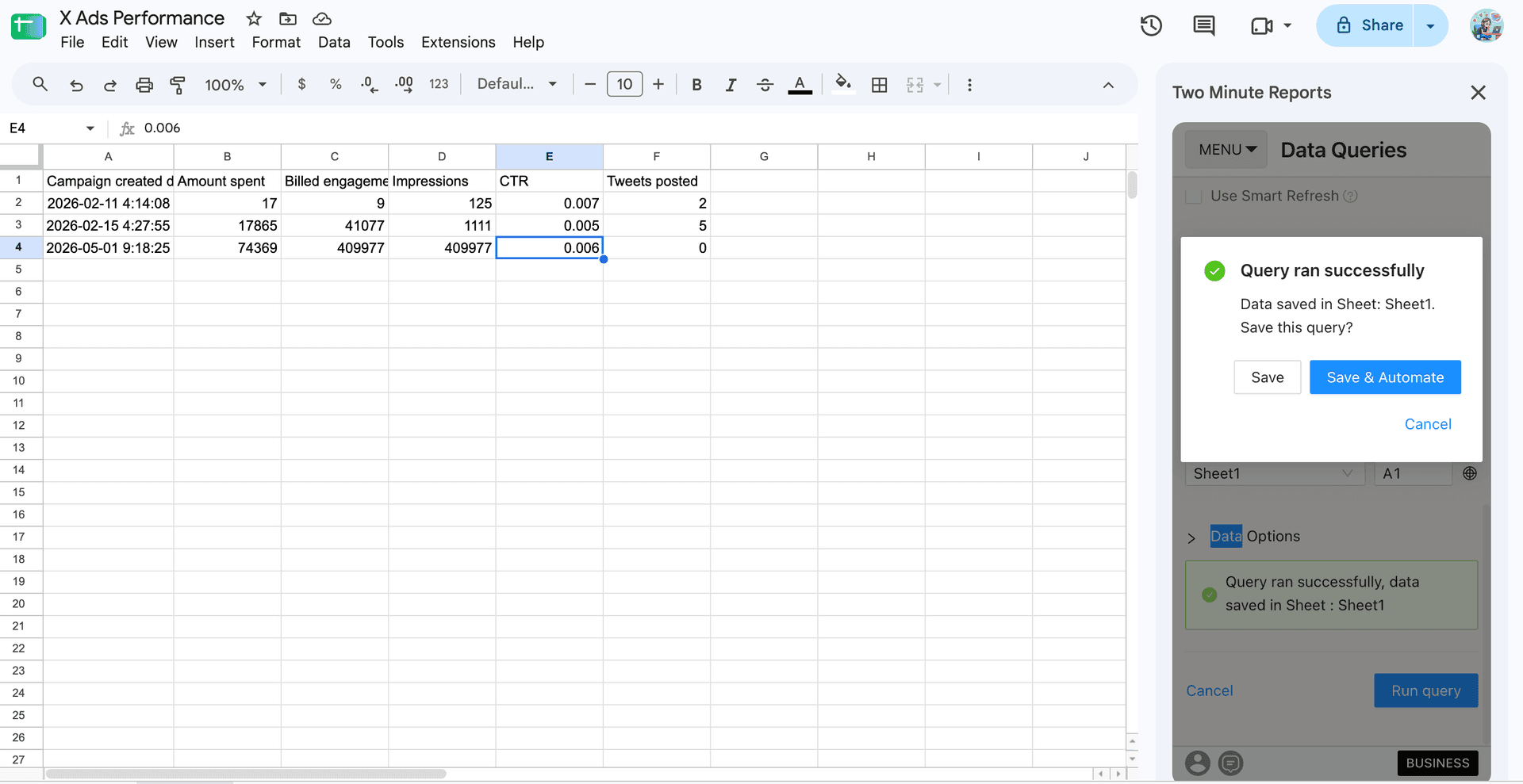 A snapshot of X ads report in Google Sheets
