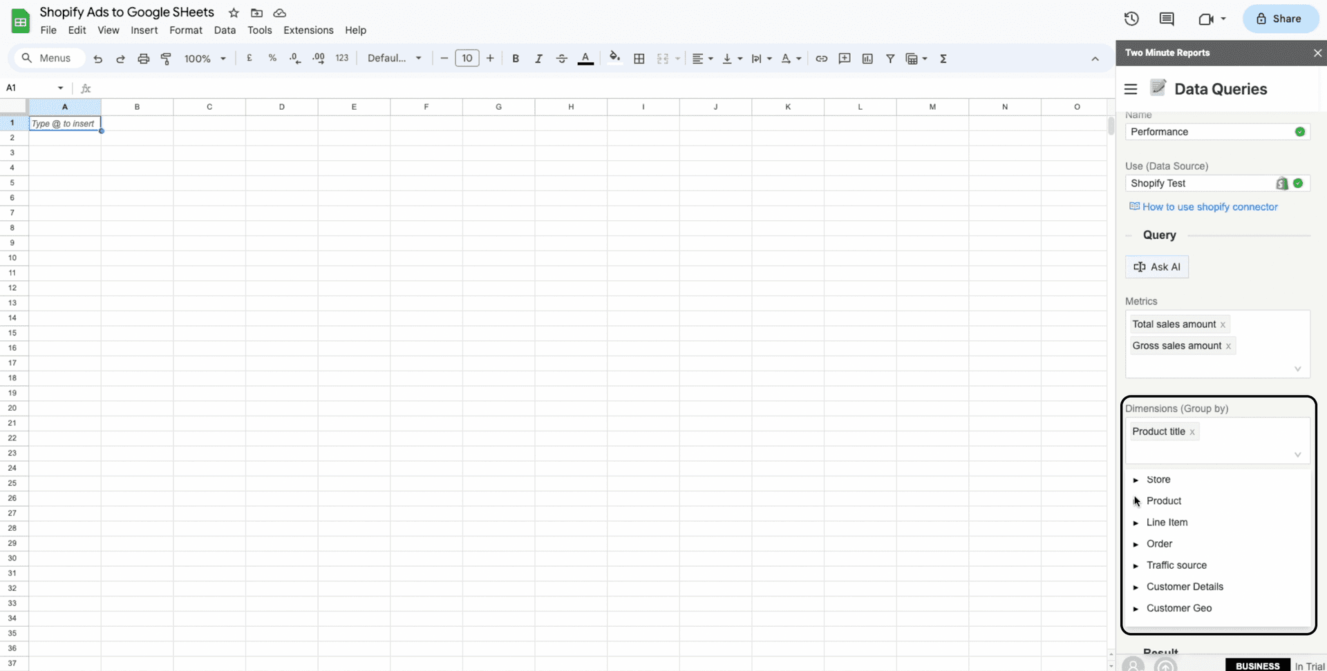 shopify to google sheets dimensions