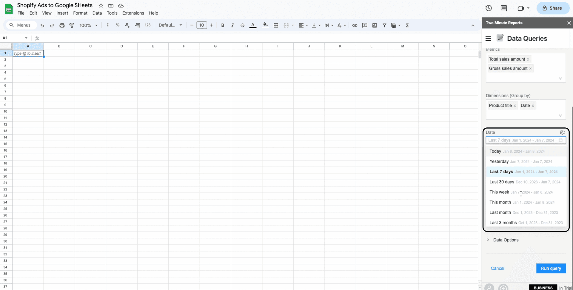 shopify to google sheets date