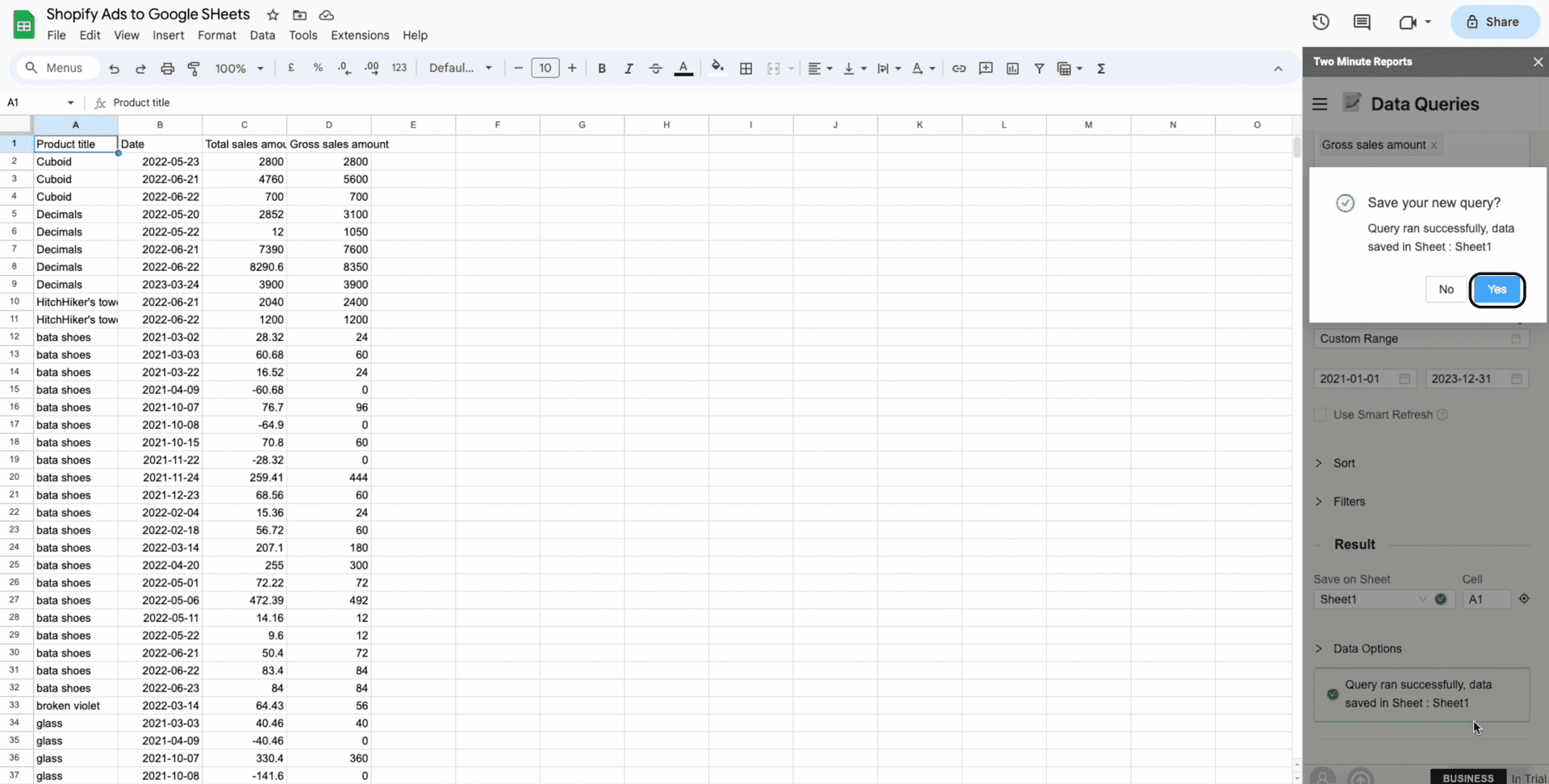 shopify to google sheets save query