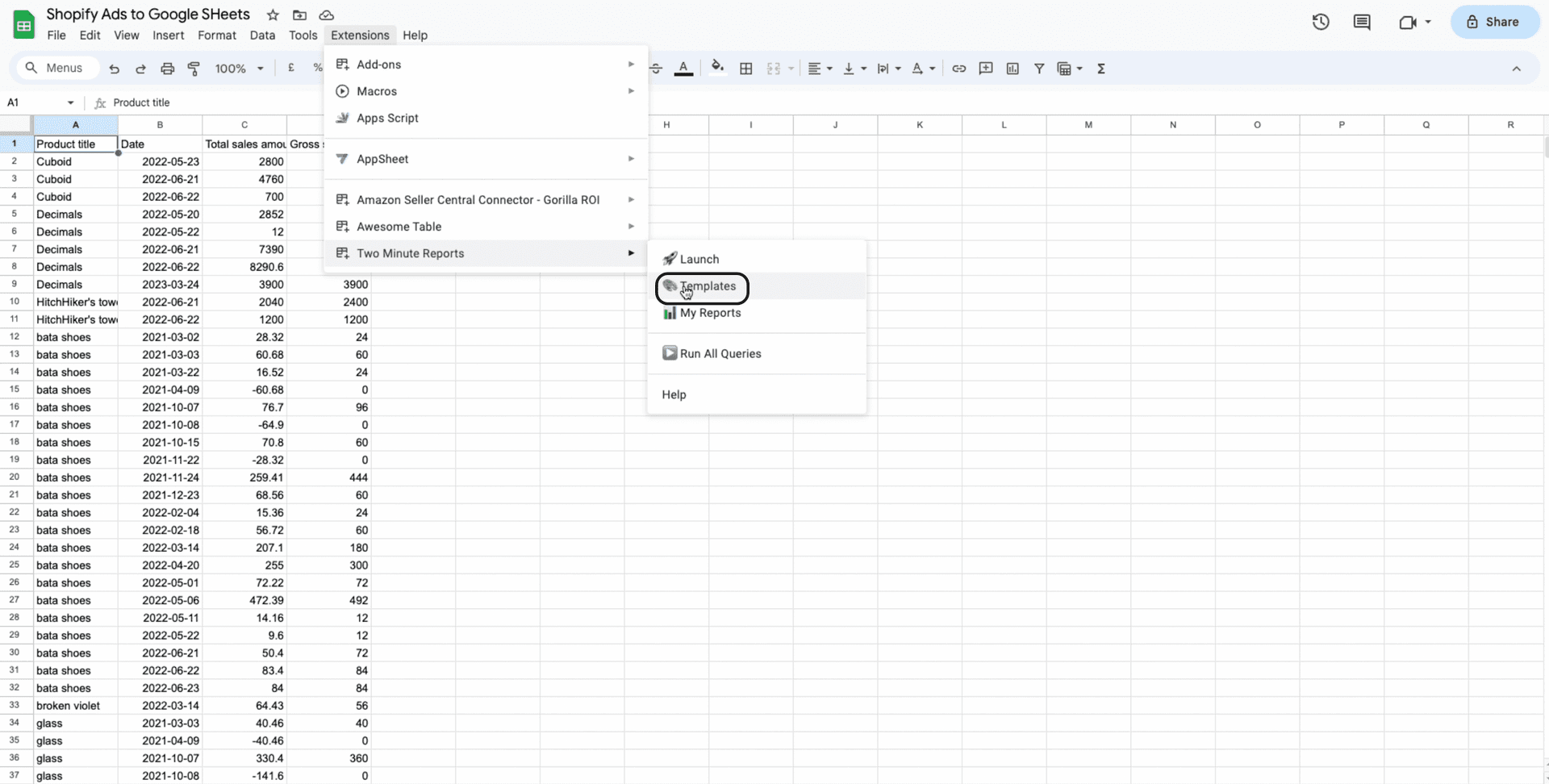 shopify to google sheets extension templates