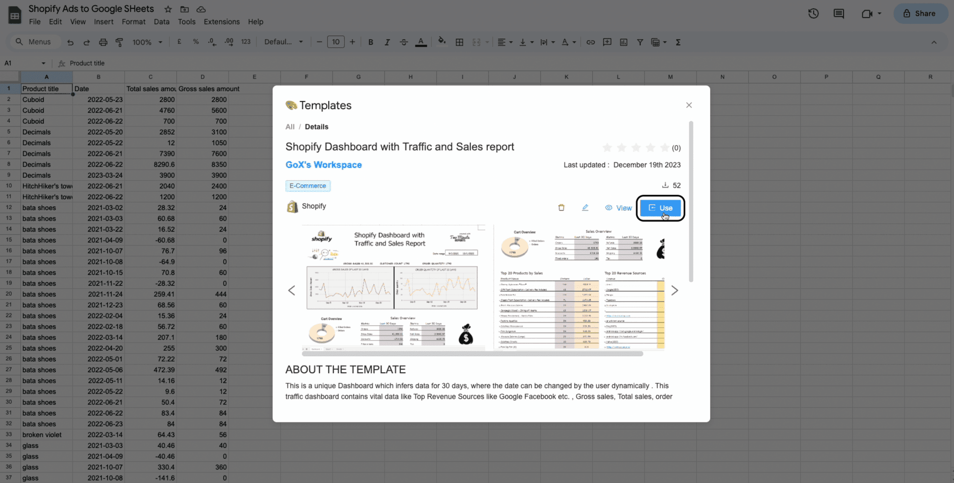 shopify to google sheets choose template