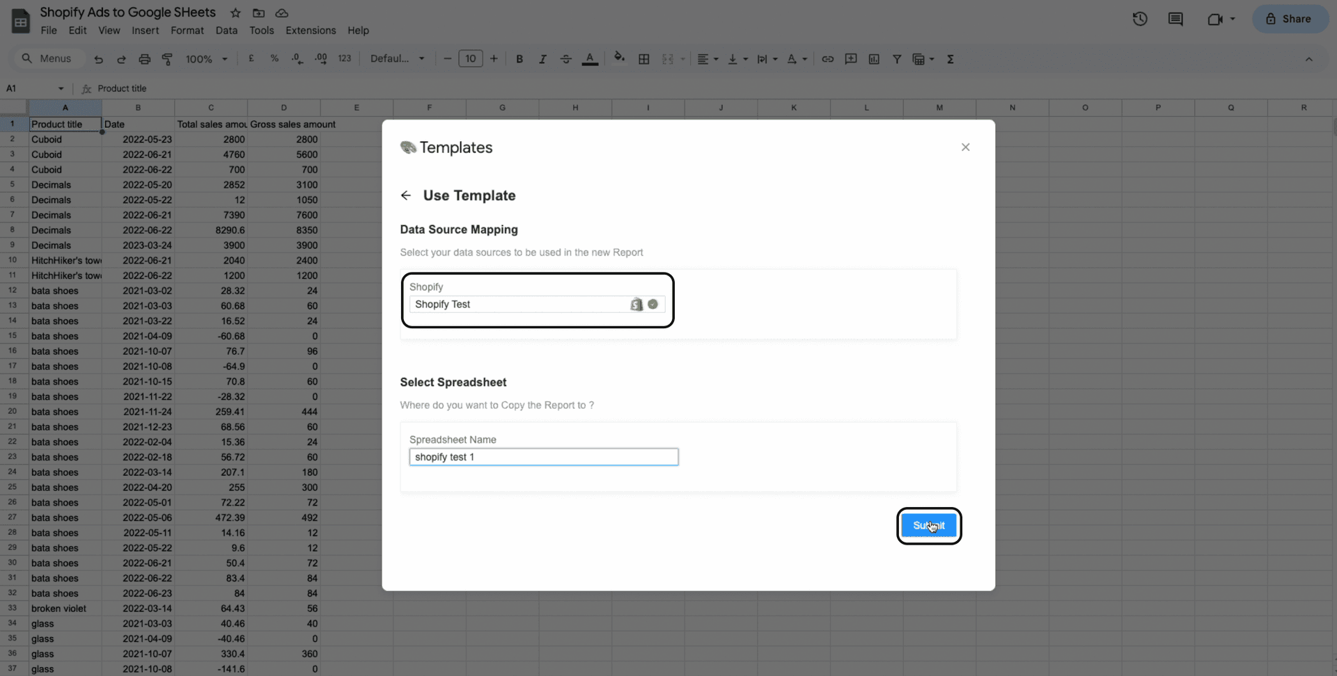 shopify to google sheets maop template