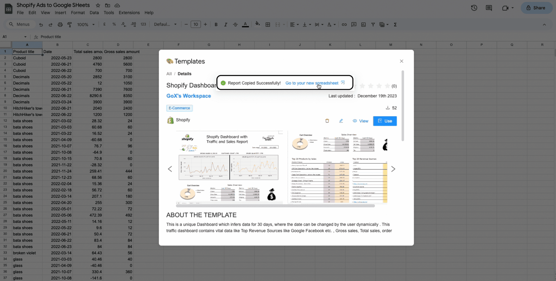 shopify to google sheets template open
