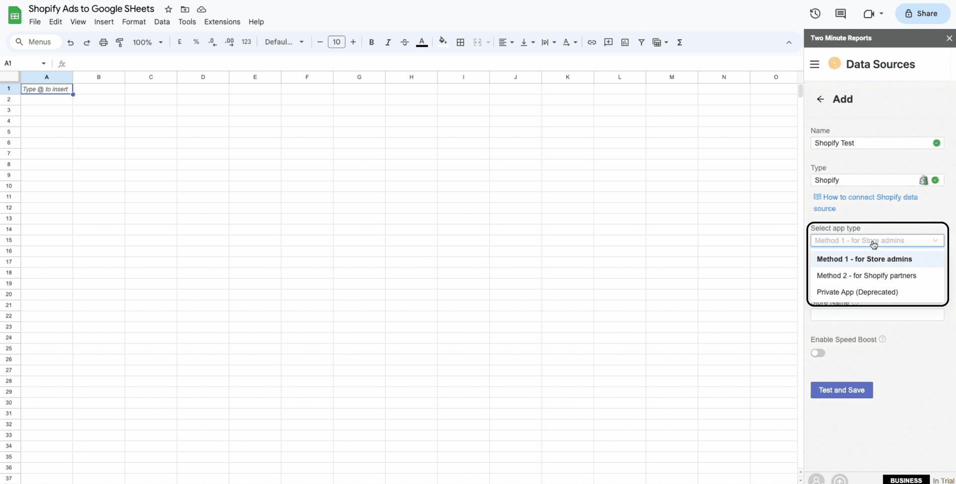 shopify to google sheets app type