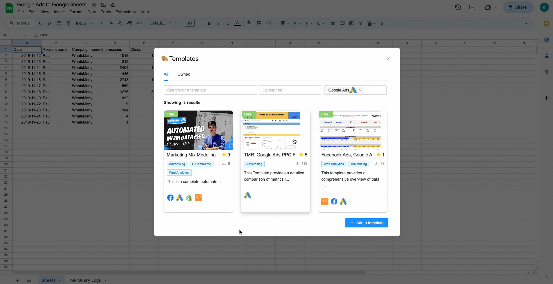 Google ads to google sheets use