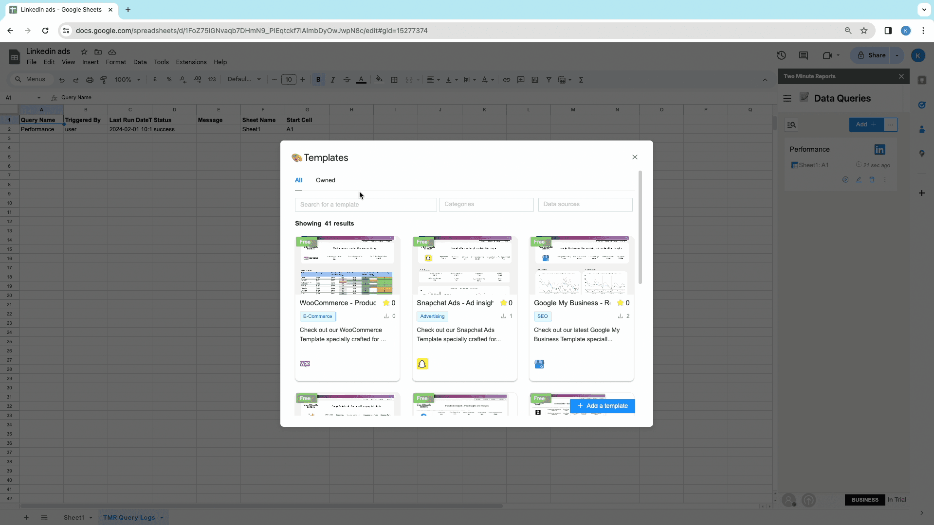 LinkedIn ads to google sheets template gallery