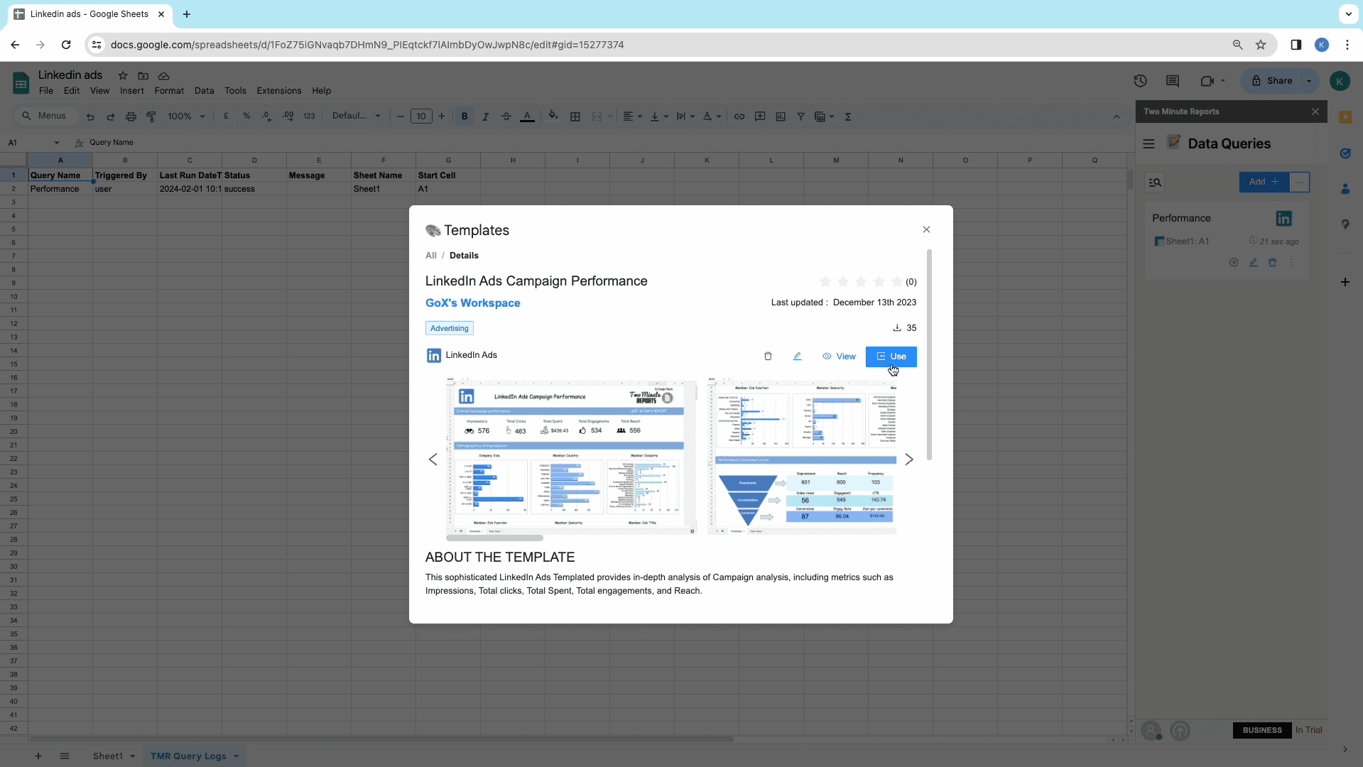 LinkedIn ads to google sheets use template
