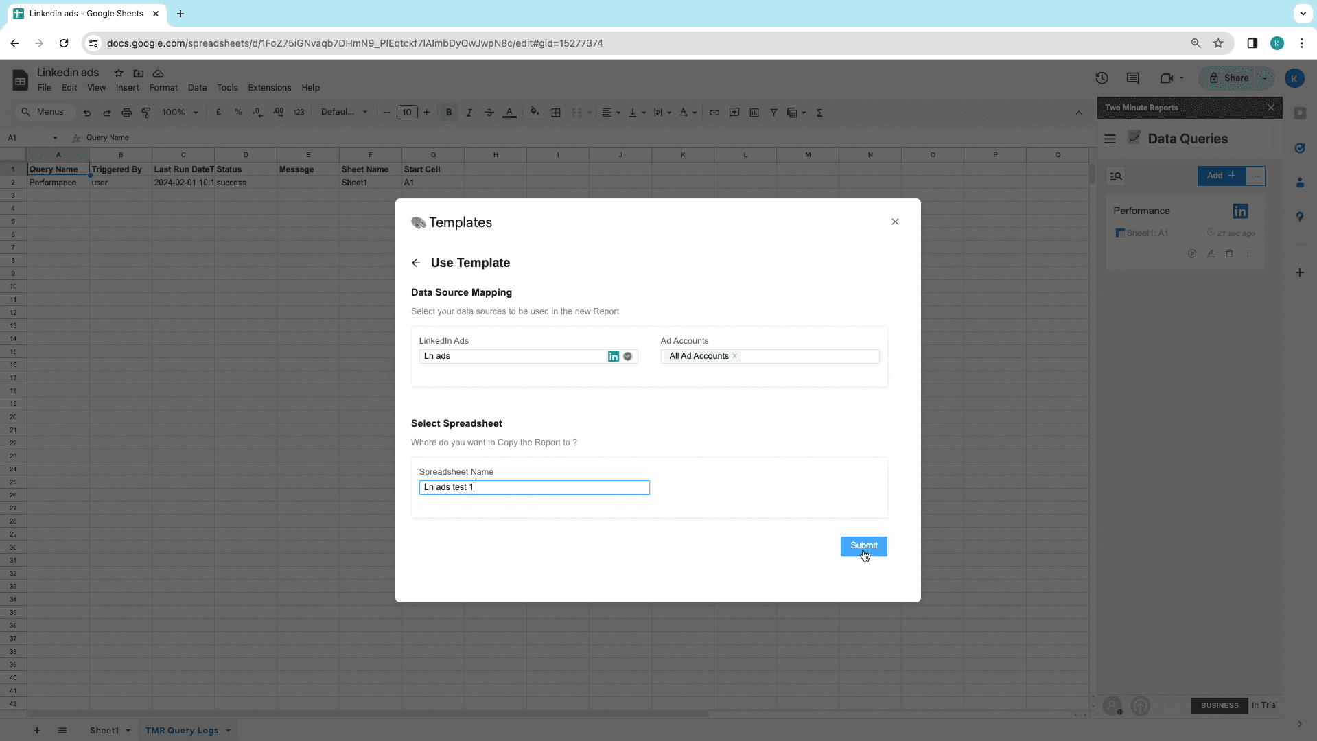 LinkedIn ads to google sheets submit