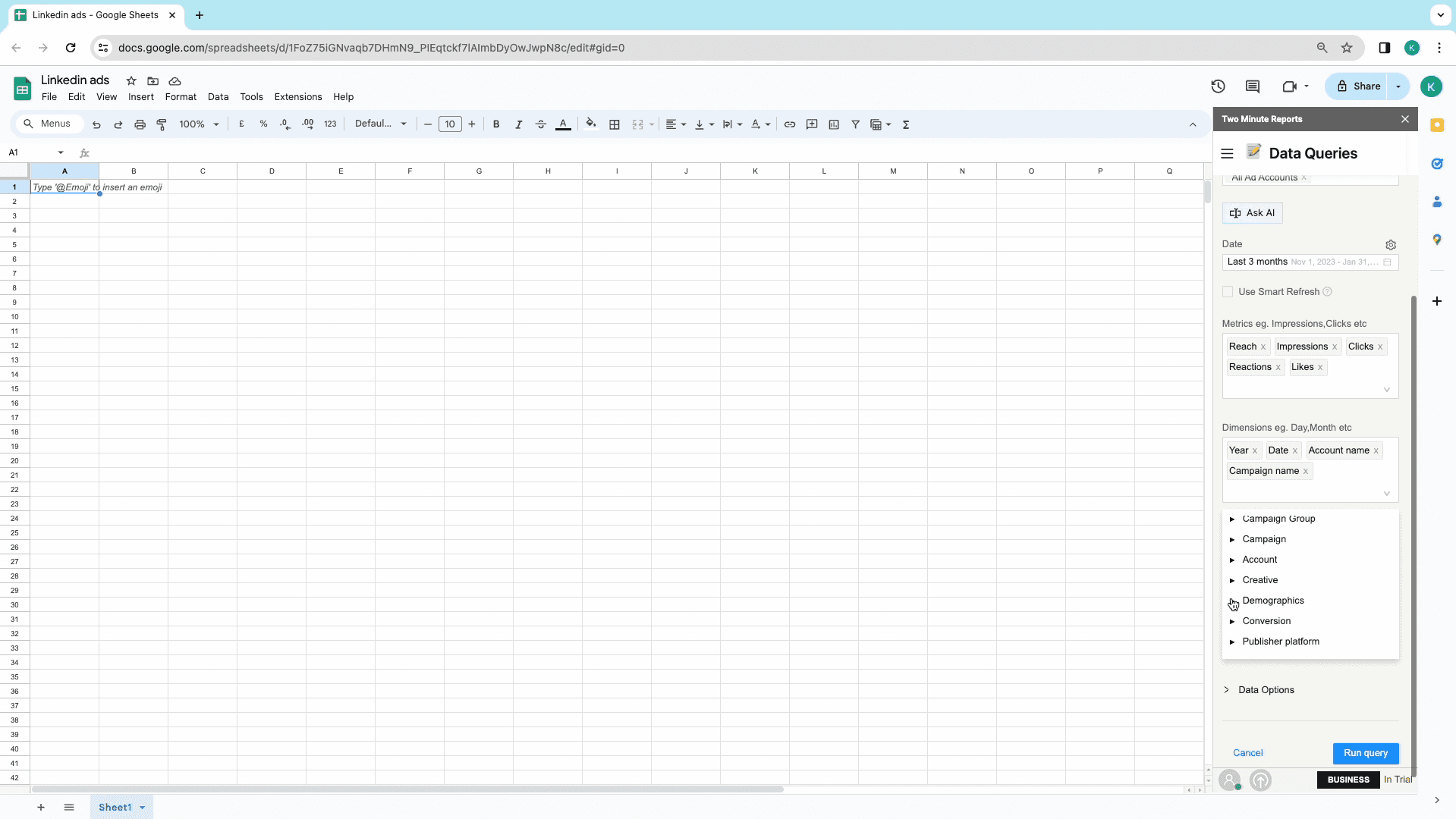 LinkedIn ads to google sheets dimensions