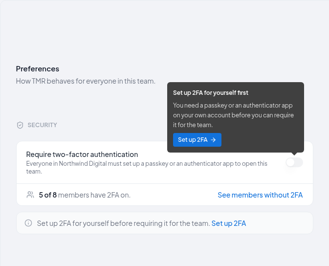 The Require two-factor authentication switch, unavailable to an admin without 2FA, with the reason and Set up 2FA