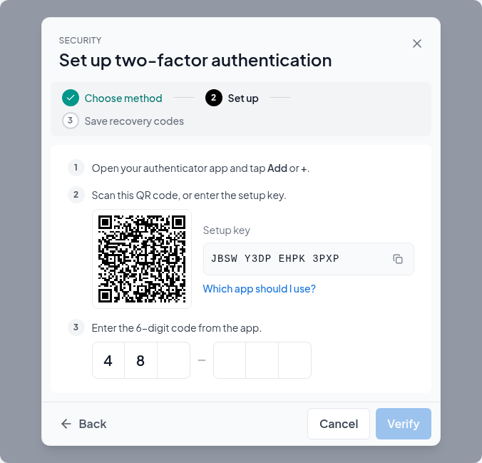 The QR code to scan with an authenticator app, the setup key to type instead, and the box for the six-digit code