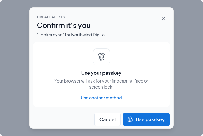 Confirm it's you opening on the passkey, with Use another method
