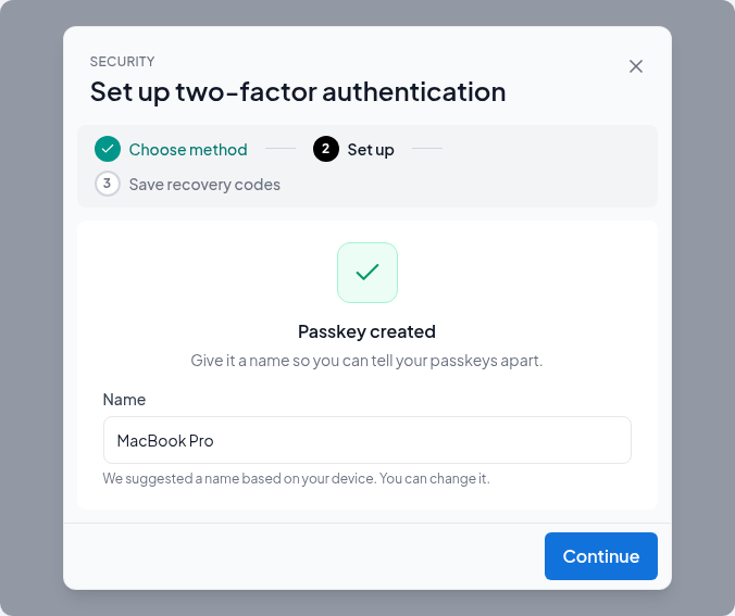 The passkey has been created and is waiting for a name, with a suggested one filled in