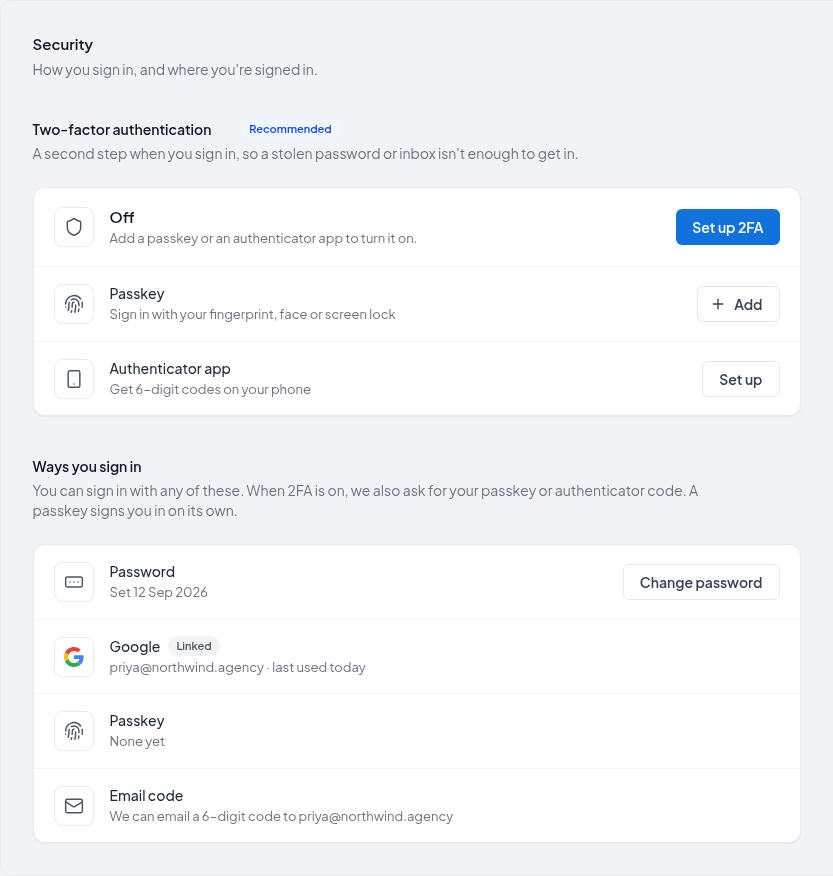 Settings → Security with two-factor authentication off and a Set up 2FA button
