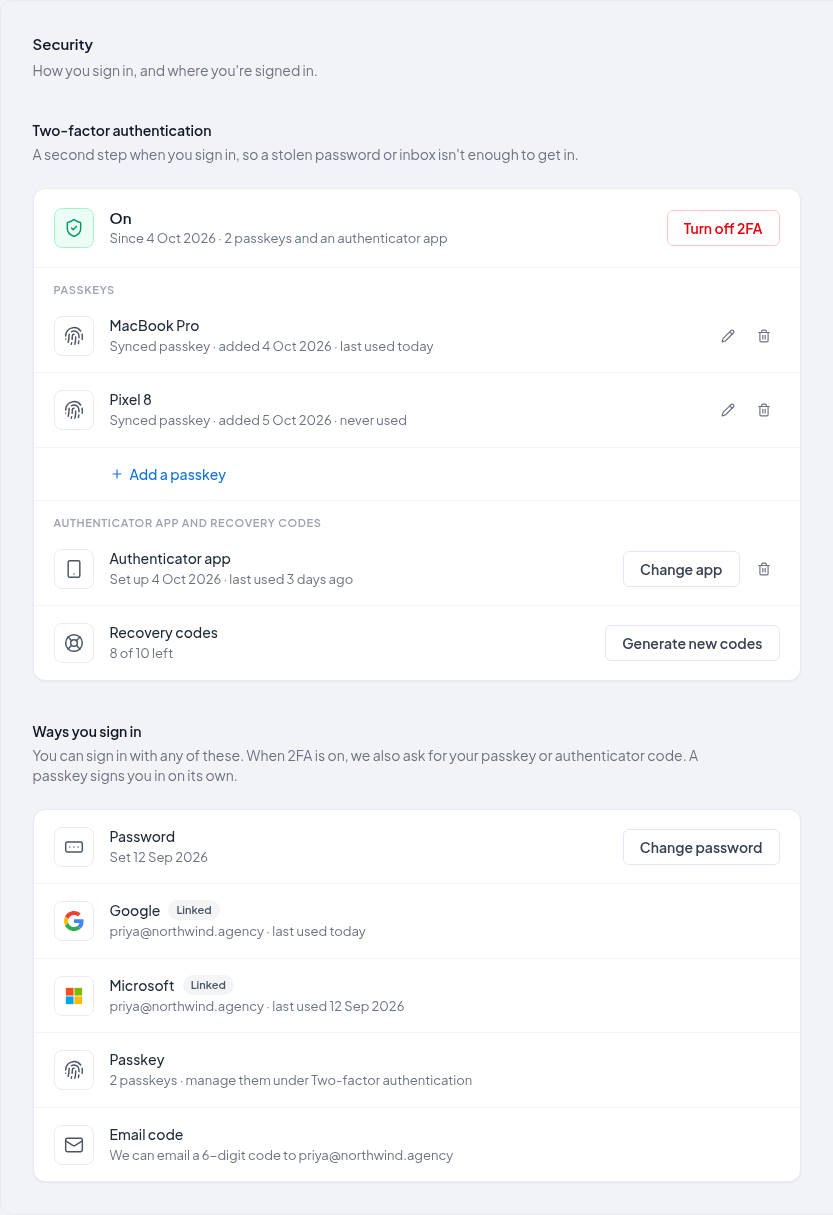 Settings → Security with two-factor authentication on: two passkeys, an authenticator app, recovery codes and the ways you sign in