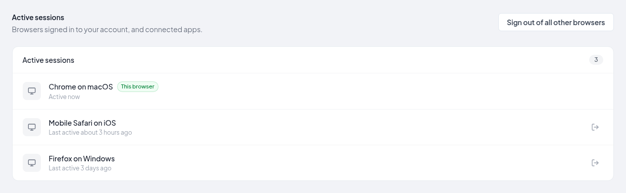 Active sessions: this browser marked This browser, two other browsers with Sign out buttons, and Sign out of all other browsers