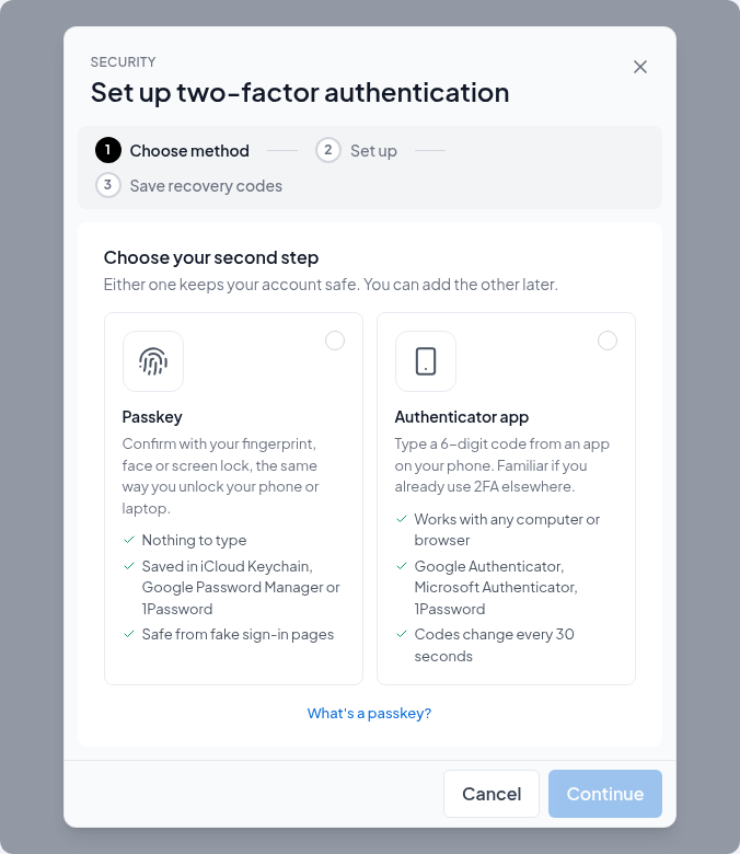 The setup dialog offering a passkey or an authenticator app as the second step