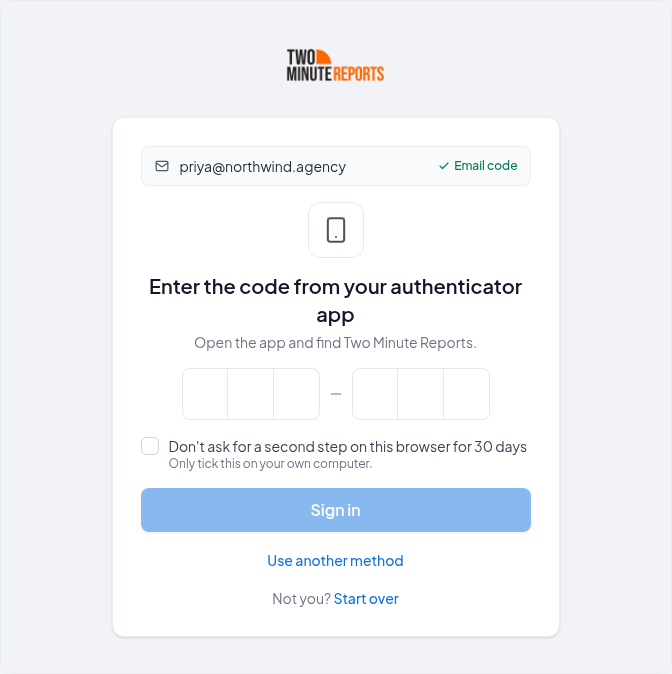 The sign-in second step asking for the authenticator code, with Don't ask for a second step on this browser for 30 days