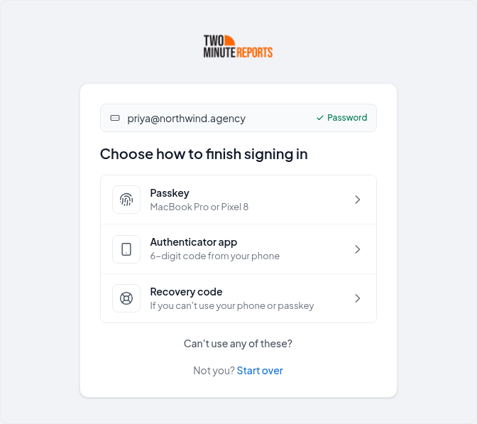Choose how to finish signing in, with Recovery code below your passkey and authenticator app