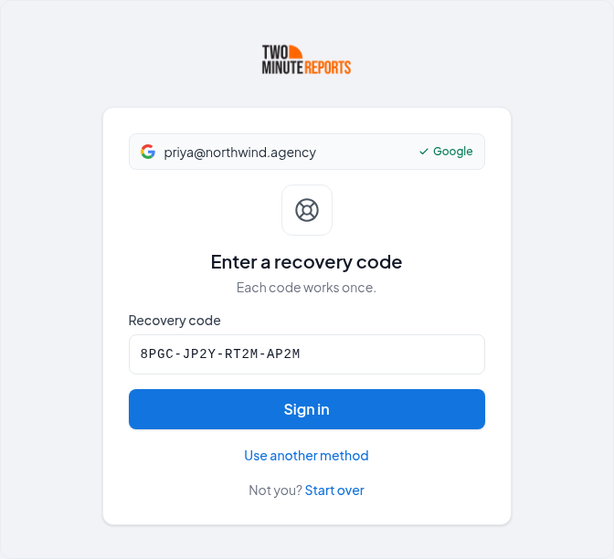 The box for one recovery code