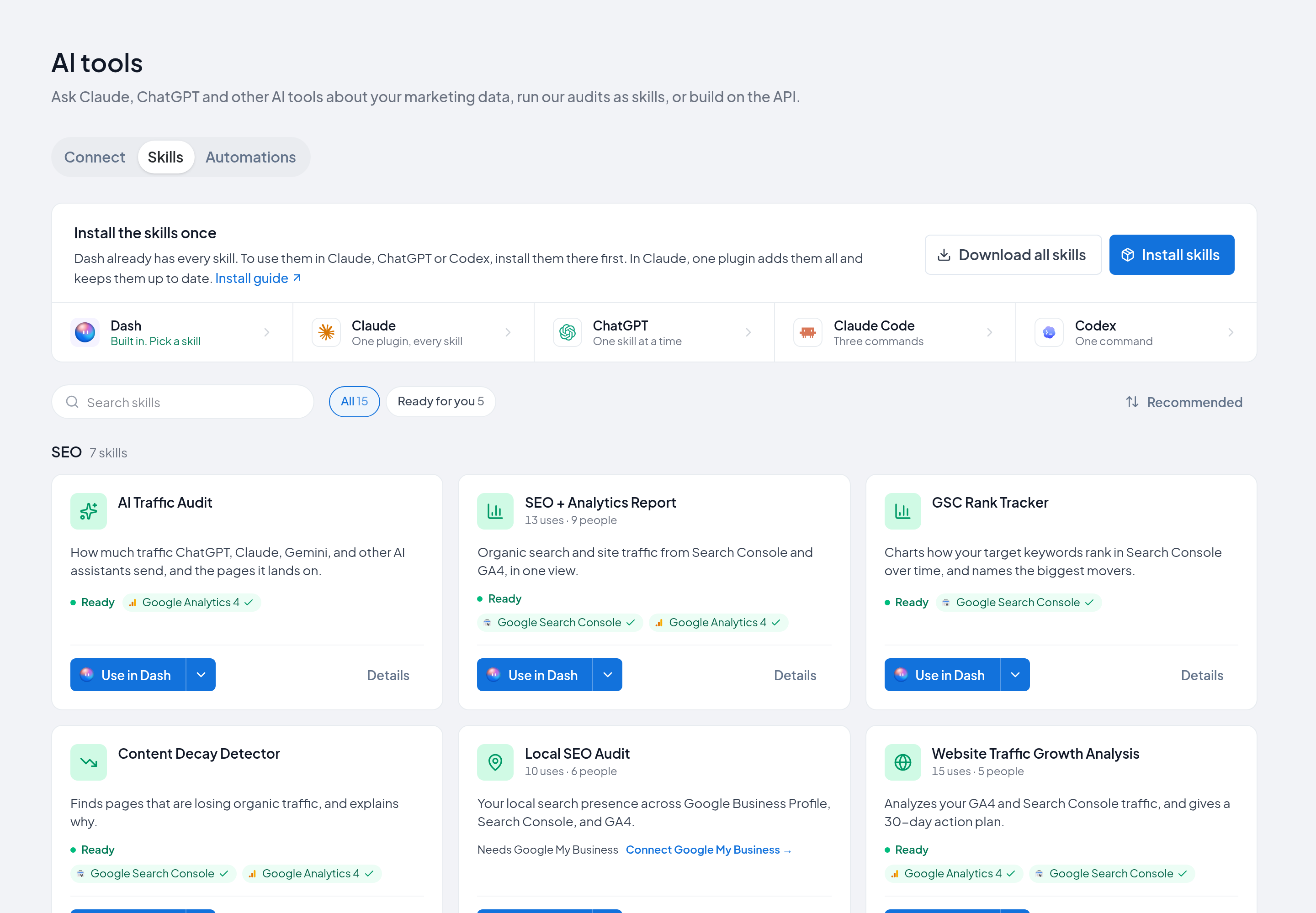 The Skills tab on the AI tools page