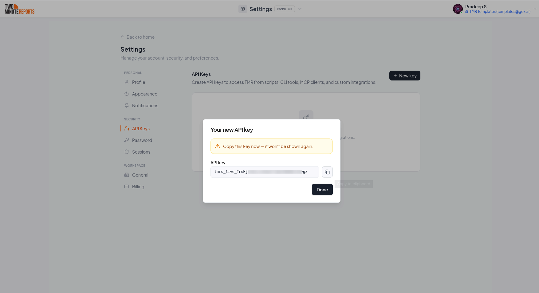 Copy your new API key