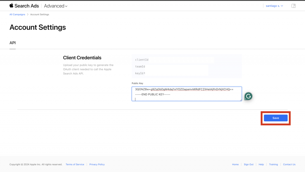 API Credentials page — paste public key and save