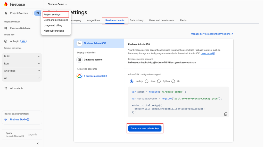 Firebase Service Accounts tab