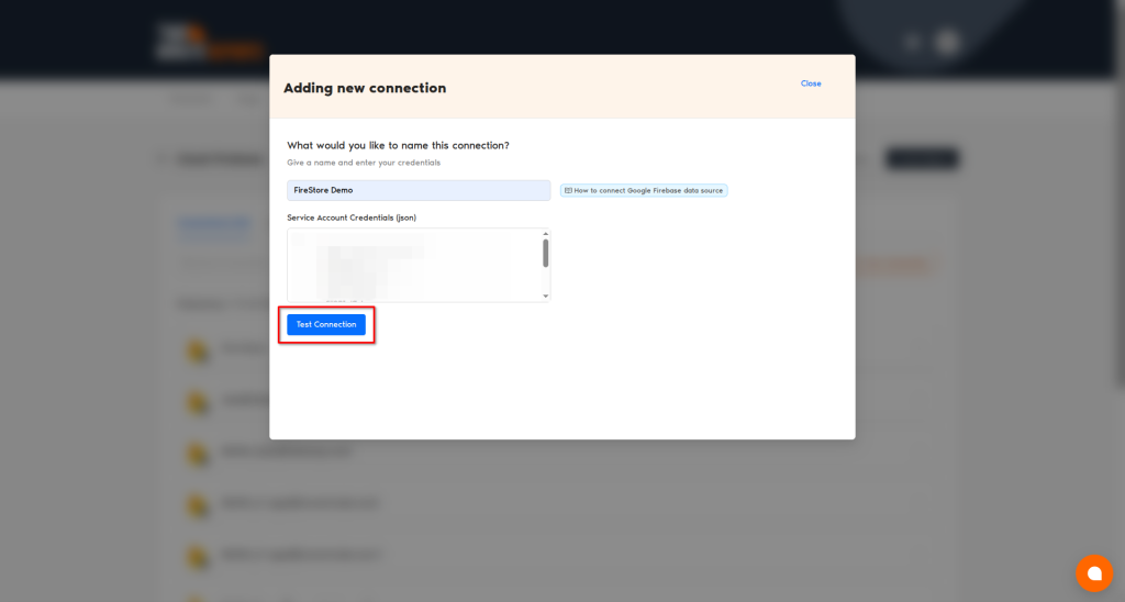 TMR connection setup — paste service account JSON