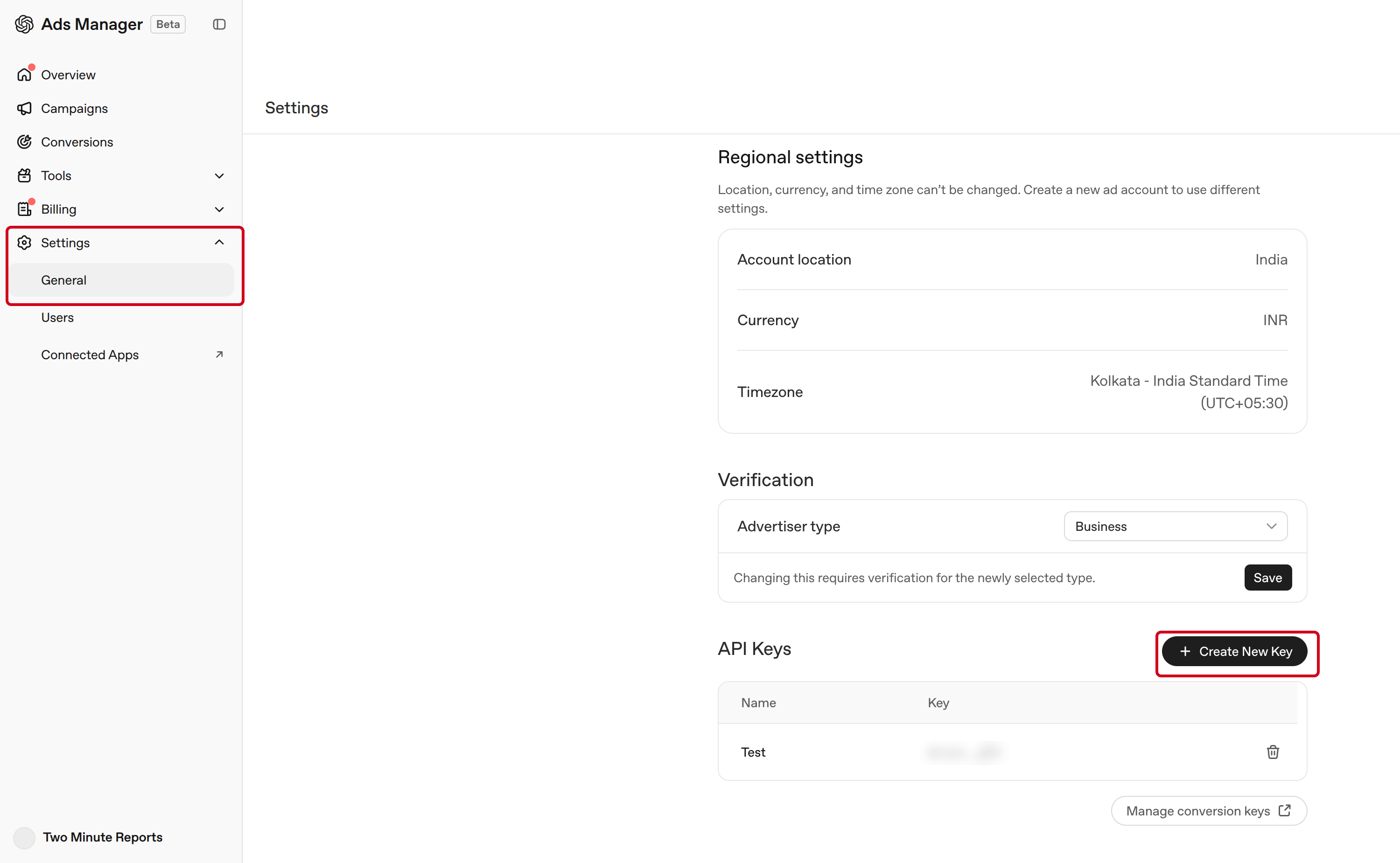 The API Keys section on the Settings page of ChatGPT Ads Manager