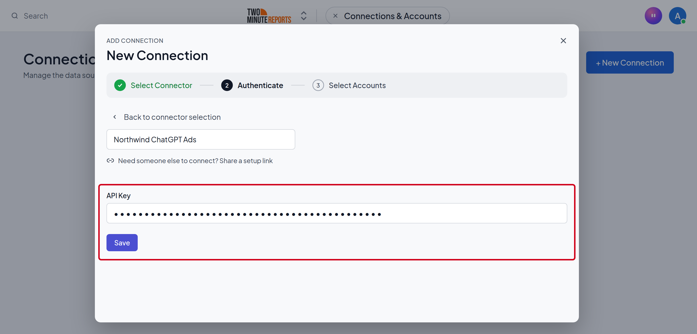 The connection name and the API Key field