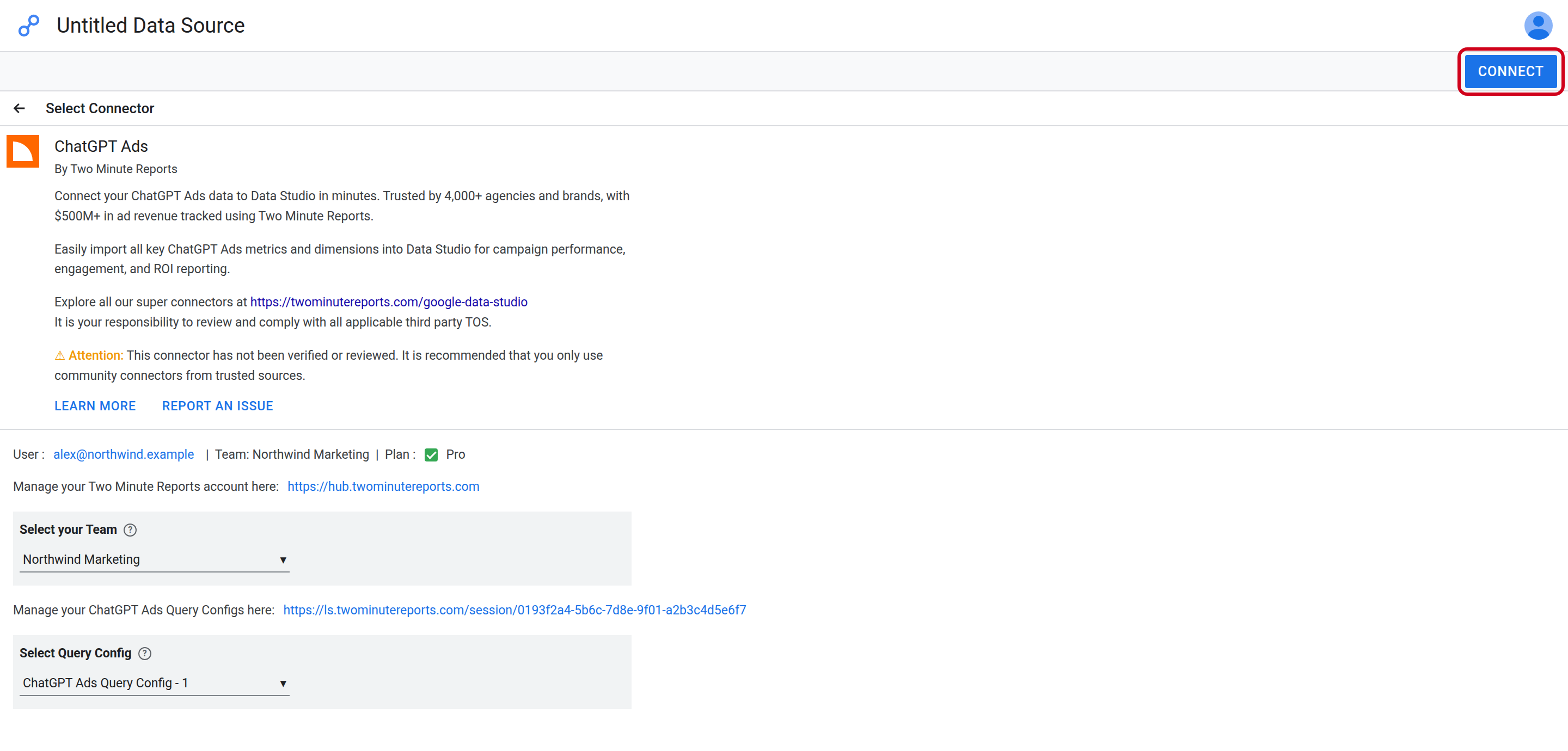 The ChatGPT Ads connector panel with the team and query config selected