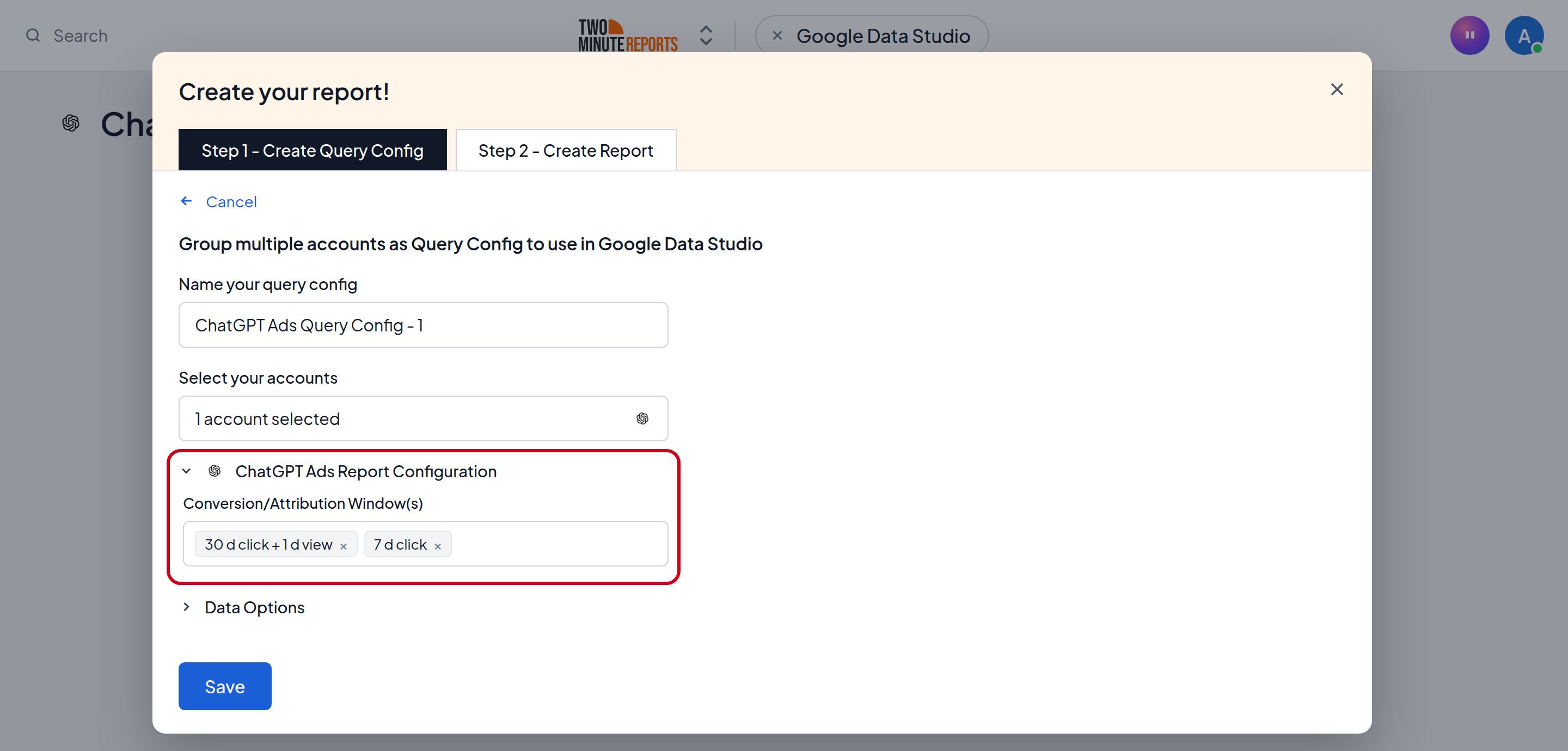 A new ChatGPT Ads query config with the attribution window option