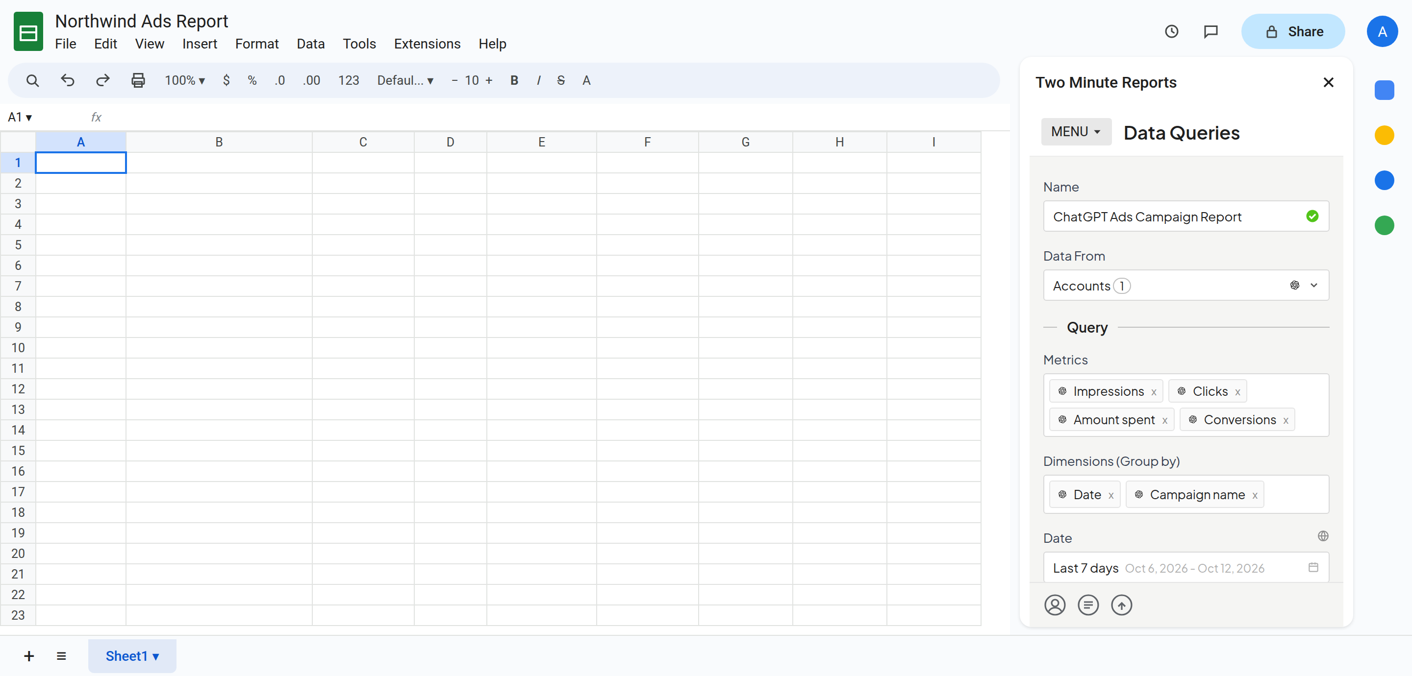 A ChatGPT Ads query with metrics and dimensions in the TMR sidebar