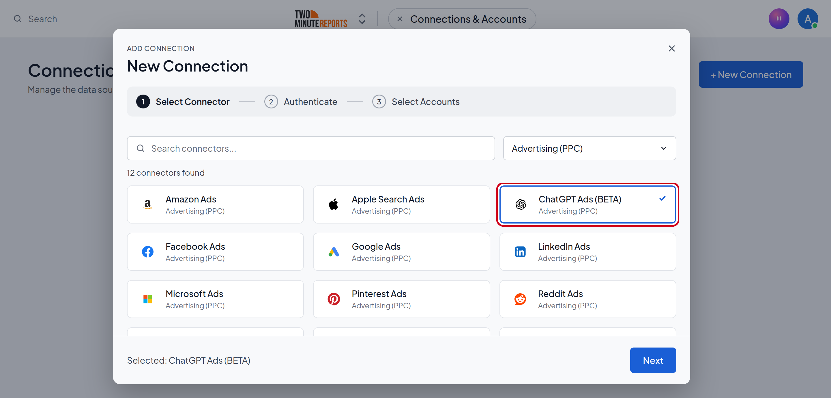 The connector list with ChatGPT Ads selected