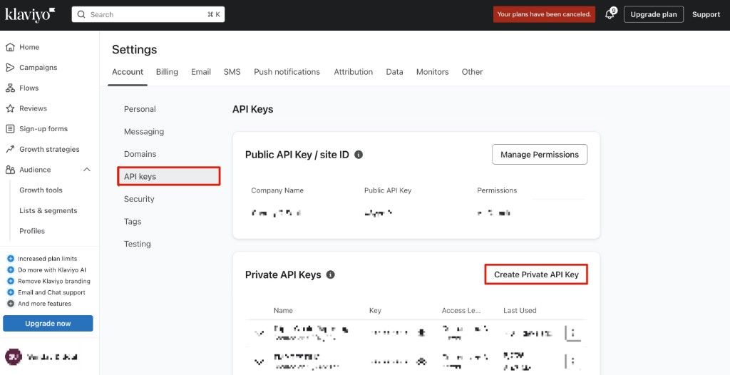 Klaviyo API keys menu