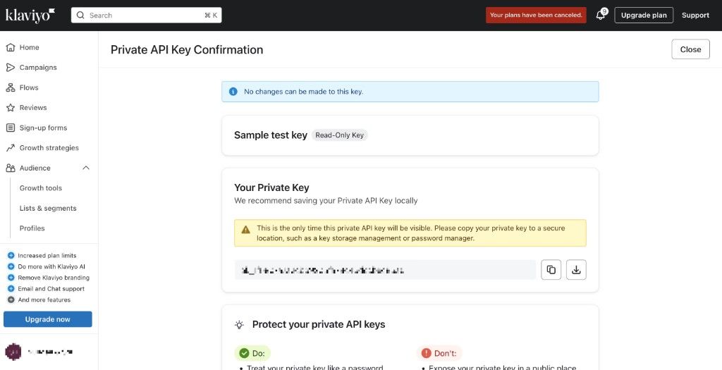 Copy Klaviyo private API key