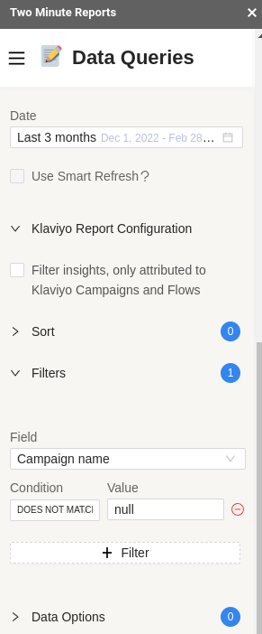 Klaviyo attributed value filter in Google Sheets