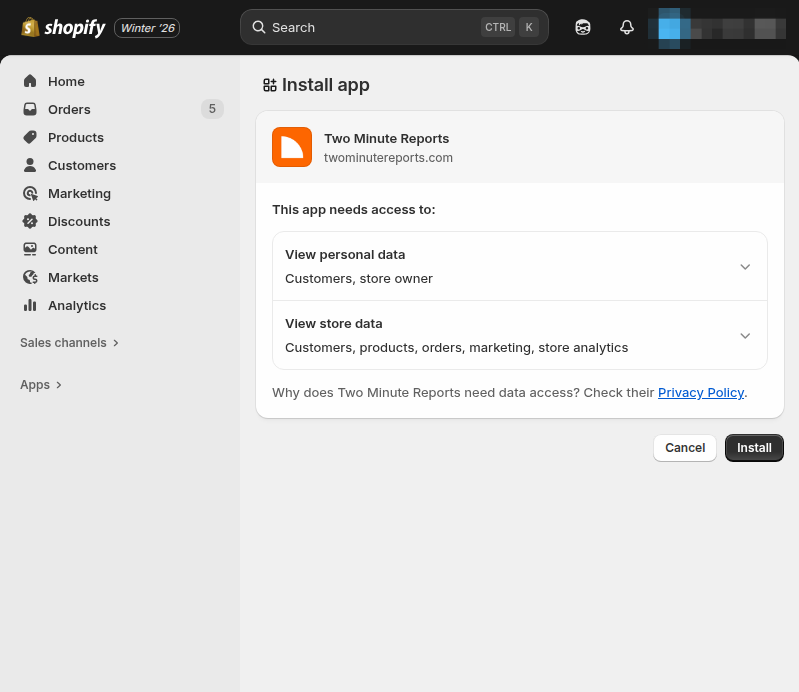 Install Two Minute Reports app authorization screen