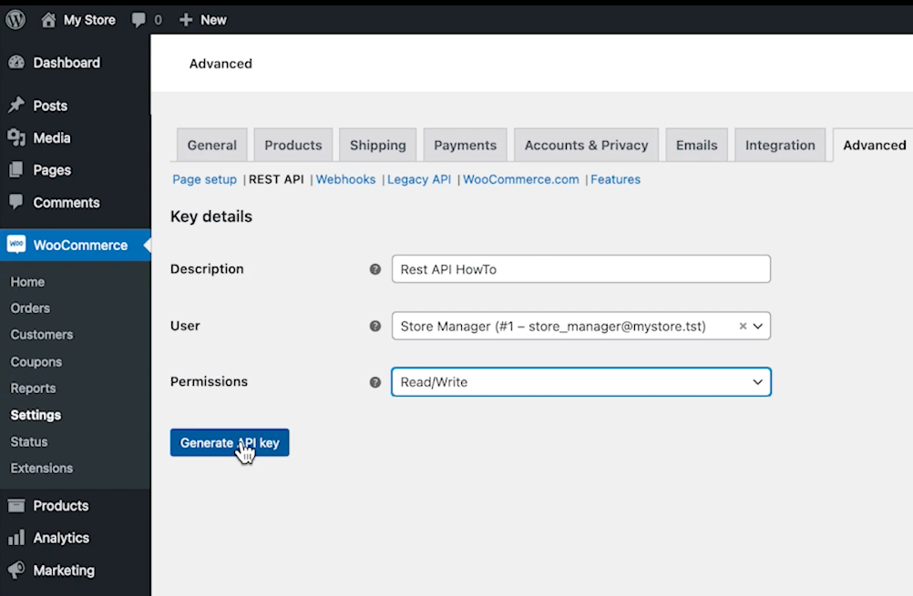 Generate API key button
