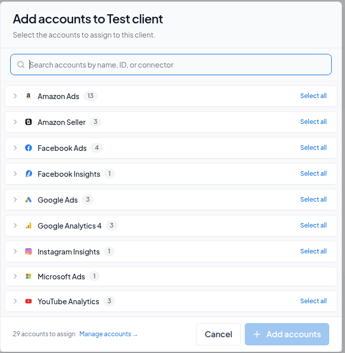 The Add accounts dialog, with the accounts grouped by connector, a search box, and Select all on each connector
