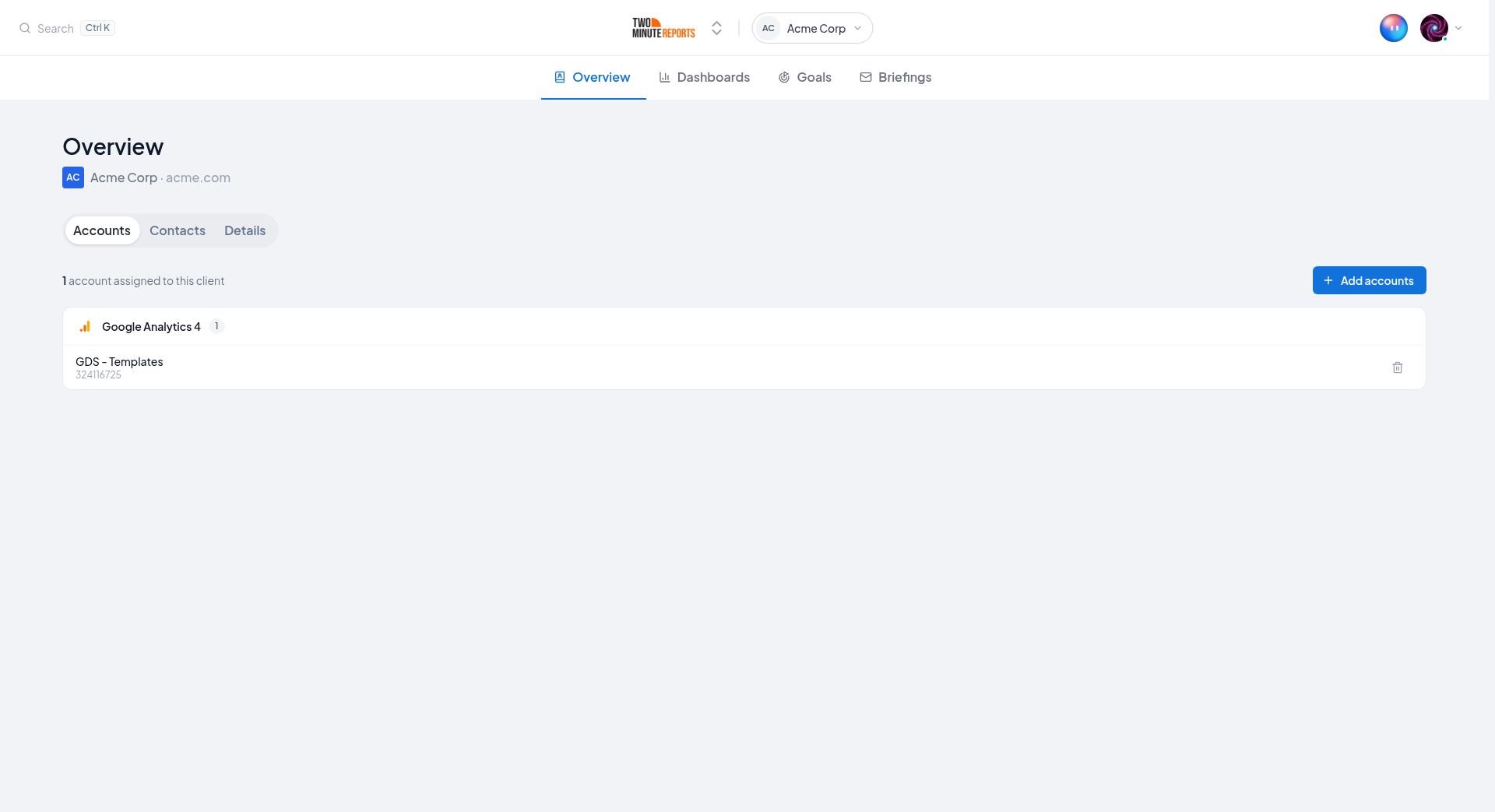 A client's overview, with its logo, name and domain under the heading, and the Accounts tab